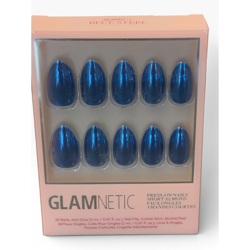 Glamnetic Blue Steel Press-On Nails Short Almond Metallic Navy Blue 30 Count Kit
